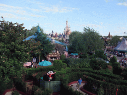 The Queen of Hearts, Mad Hatter`s Tea Cups and Sleeping Beauty`s Castle, viewed from the Tower in Alice`s Curious Labyrinth, at Fantasyland of Disneyland Park