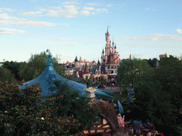 Mad Hatter`s Tea Cups and Sleeping Beauty`s Castle, viewed from the Tower in Alice`s Curious Labyrinth, at Fantasyland of Disneyland Park