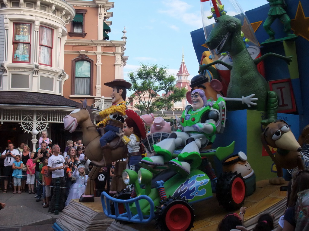 Toy Story characters in Disney`s Once Upon a Dream Parade, at the Town Square of Disneyland Park