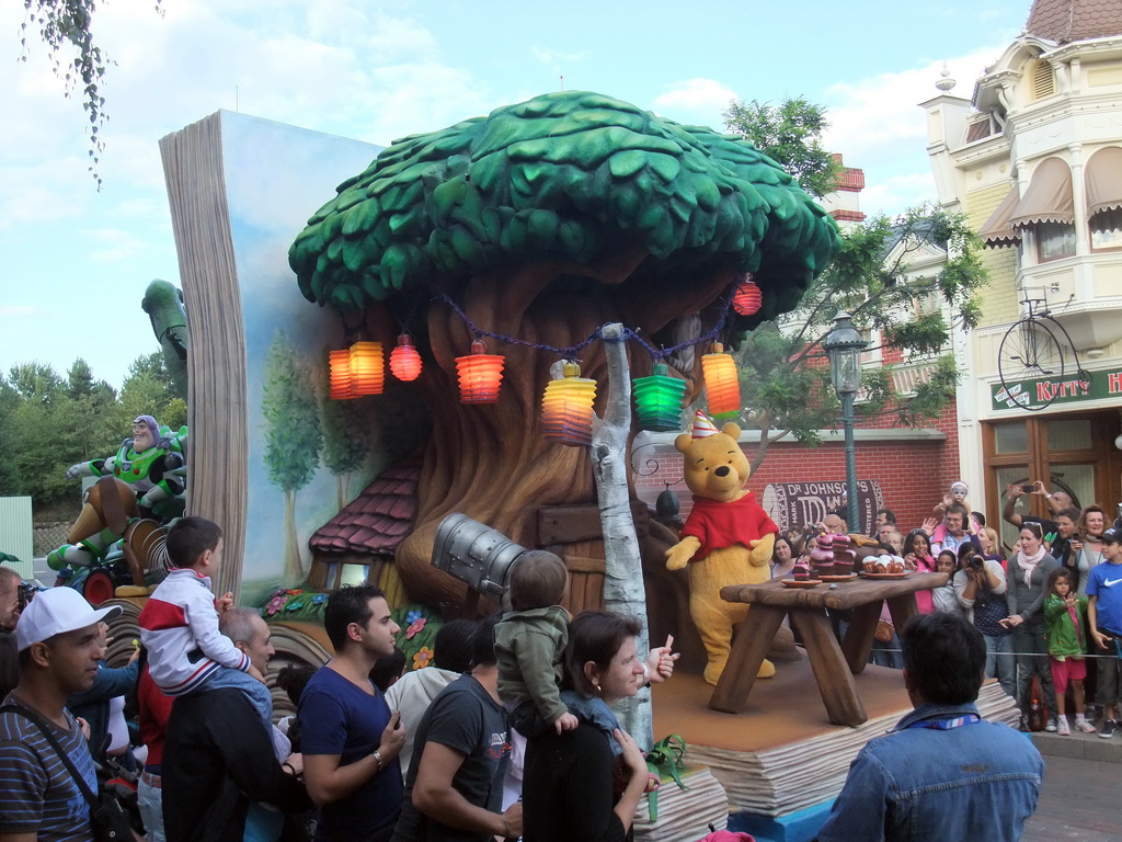 Winnie the Pooh and Toy Story characters in Disney`s Once Upon a Dream Parade, at the Town Square of Disneyland Park