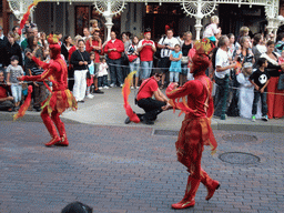 Flame dancers in Disney`s Once Upon a Dream Parade, at the Town Square of Disneyland Park