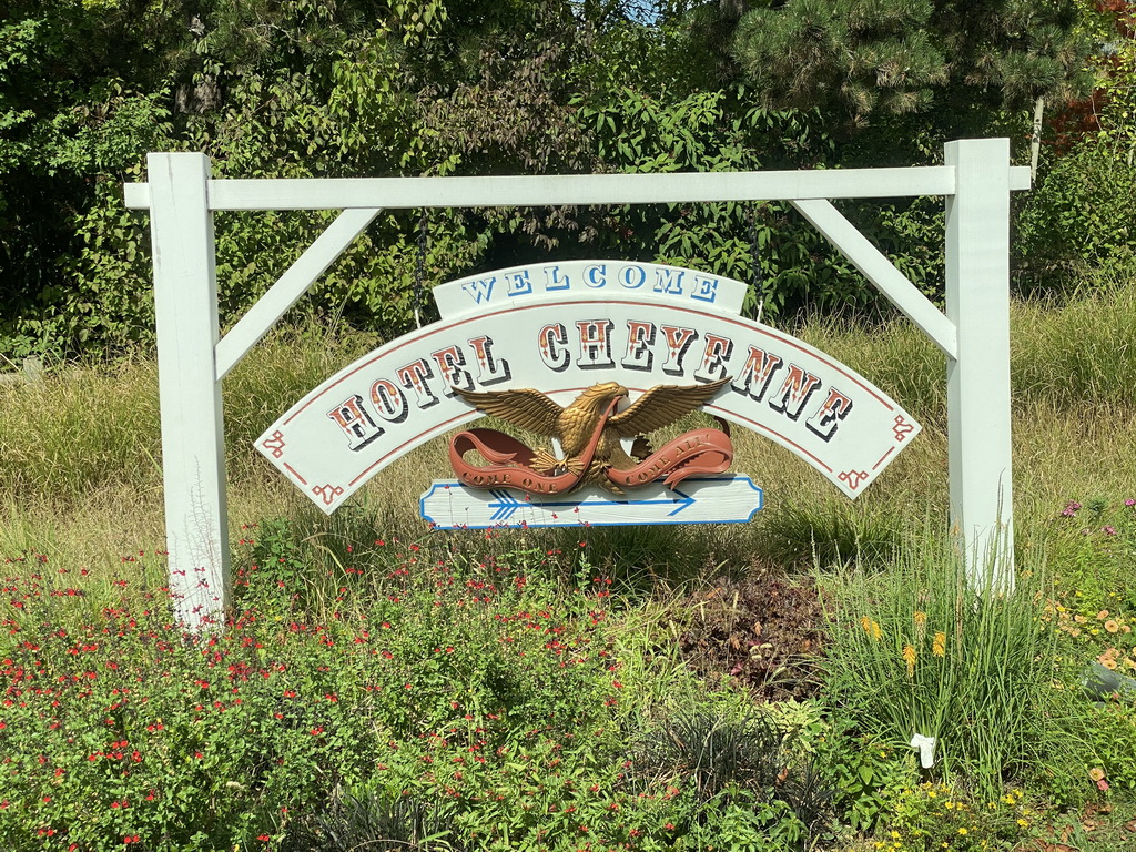 Welcome sign at Disney`s Hotel Cheyenne, viewed from the shuttle bus from the hotel to Disneyland Park