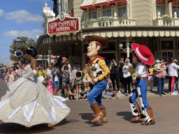Tiana, Woody and Jessie at the Disney Stars on Parade at Town Square at Disneyland Park