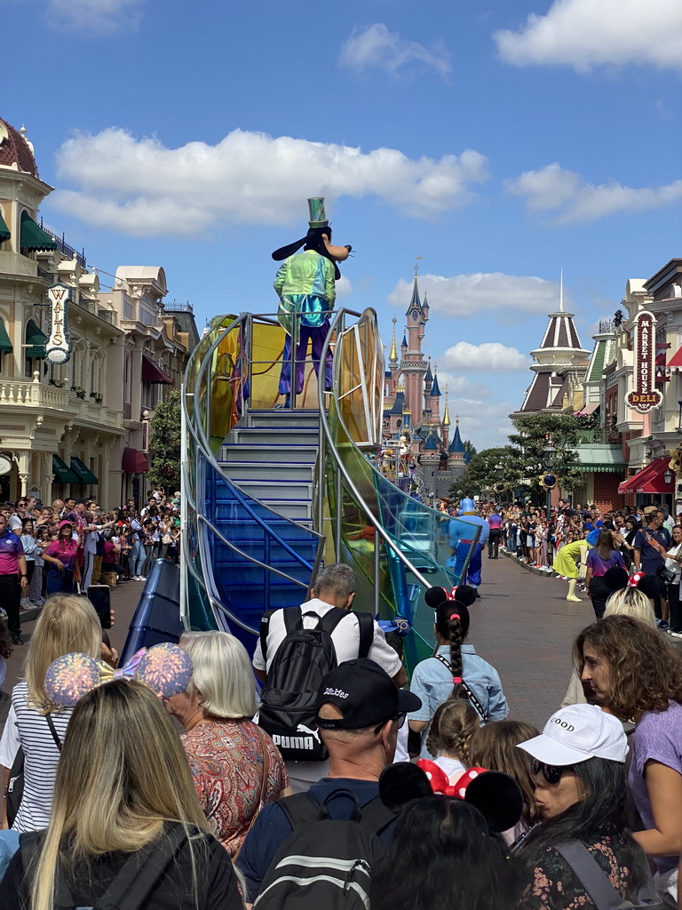 Goofy, Donald, Woody and the Genie at the Disney Stars on Parade at Main Street U.S.A. and Sleeping Beauty`s Castle at Fantasyland at Disneyland Park