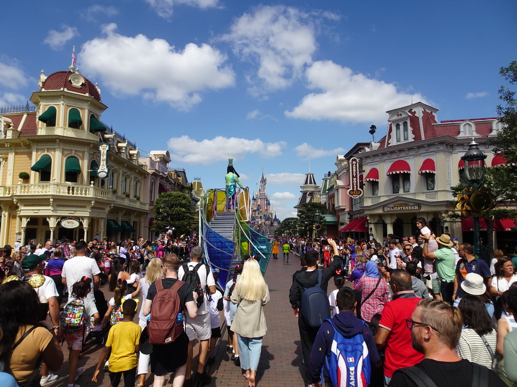 Goofy, Jessie, the Mad Hatter, Peter Pan, Donald and Daisy at the Disney Stars on Parade at Main Street U.S.A. and Sleeping Beauty`s Castle at Fantasyland at Disneyland Park