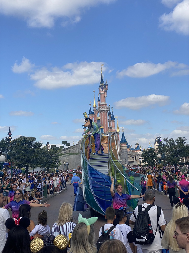 Goofy, the Genie and Peter Pan at the Disney Stars on Parade at Main Street U.S.A. and Sleeping Beauty`s Castle at Fantasyland at Disneyland Park