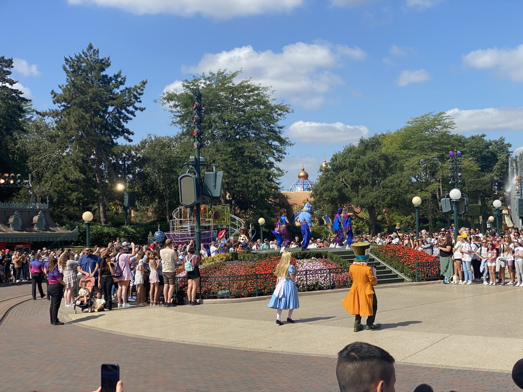 Cinderella, the Mad Hatter and the Genie at the Disney Stars on Parade at Central Plaza at Disneyland Park