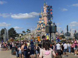 Miguel, the Mad Hatter, Joy, Donald, Daisy and Mickey at the Disney Stars on Parade at Central Plaza and Sleeping Beauty`s Castle at Fantasyland at Disneyland Park