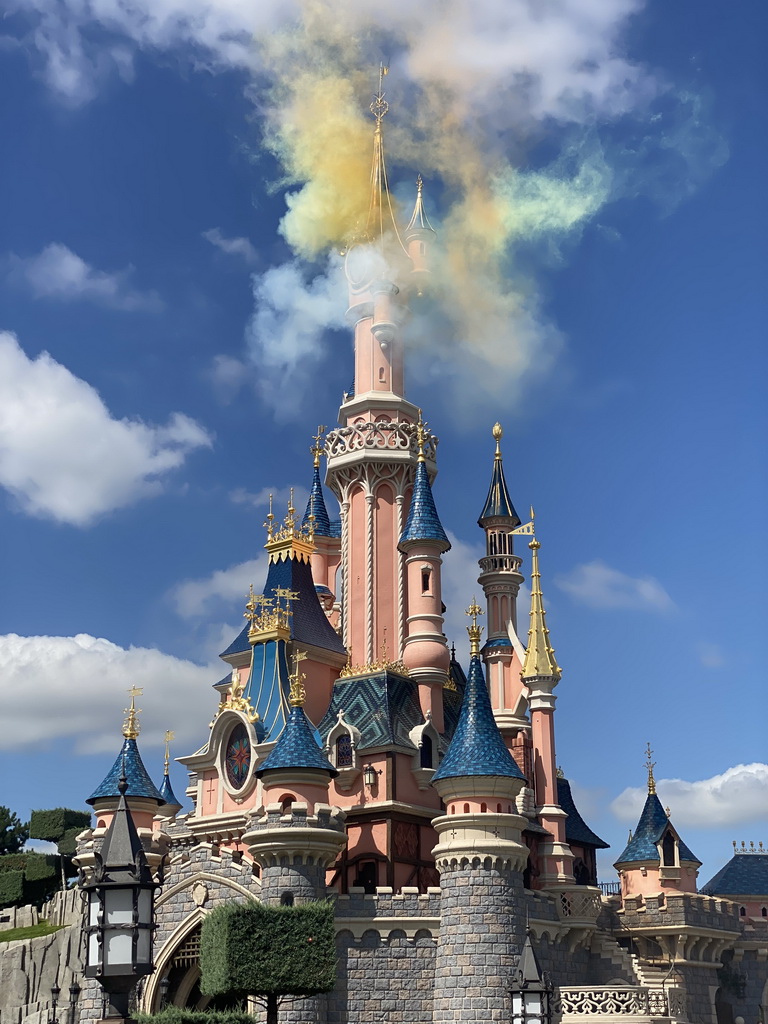 Front of Sleeping Beauty`s Castle at Fantasyland and fireworks at Disneyland Park