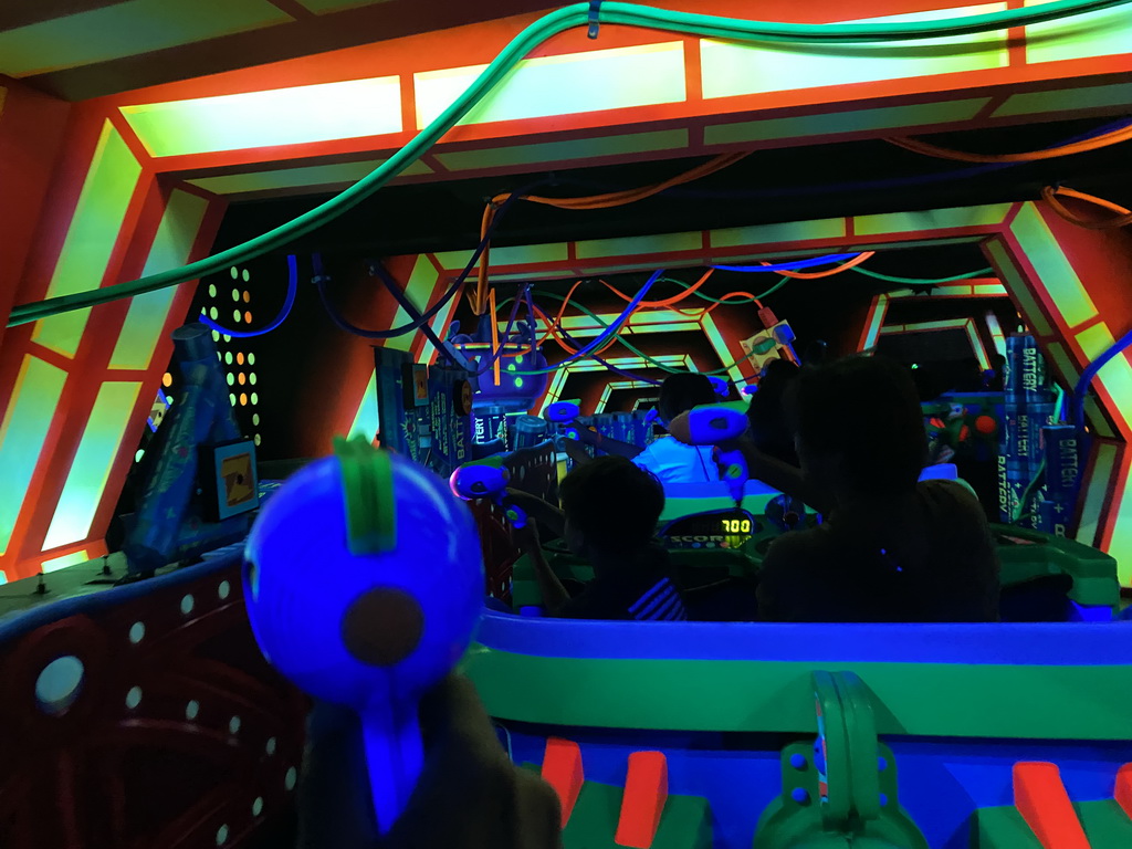 Miaomiao and Max at the Buzz Lightyear Laser Blast attraction at Discoveryland at Disneyland Park