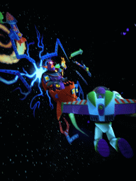 Statues of Buzz Lightyear and Evil Emperor Zurg in a rocket ship at the Buzz Lightyear Laser Blast attraction at Discoveryland at Disneyland Park