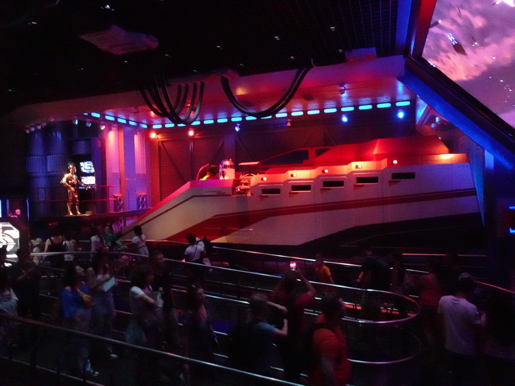 Statues of C-3PO and R2-D2 at the queue of the Star Tours - The Adventures Continue attraction at Discoveryland at Disneyland Park