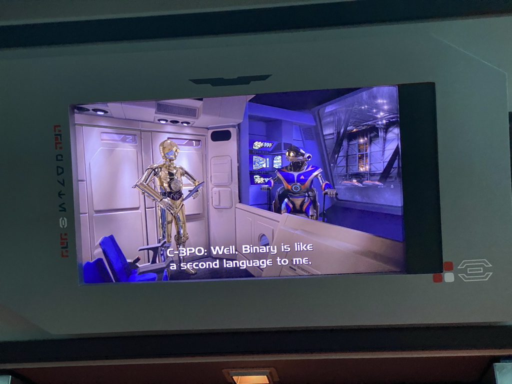 Screen at the end of the queue of the Star Tours - The Adventures Continue attraction at Discoveryland at Disneyland Park