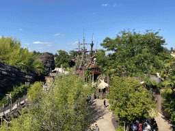 The Pirate Galleon at the Adventure Isle at Adventureland at Disneyland Park, viewed from the south side of the suspension bridge
