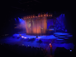 Actors, musicians and smoke on the stage of the Frontierland Theatre at Frontierland at Disneyland Park, during the Lion King: Rhythms of the Pride Lands show