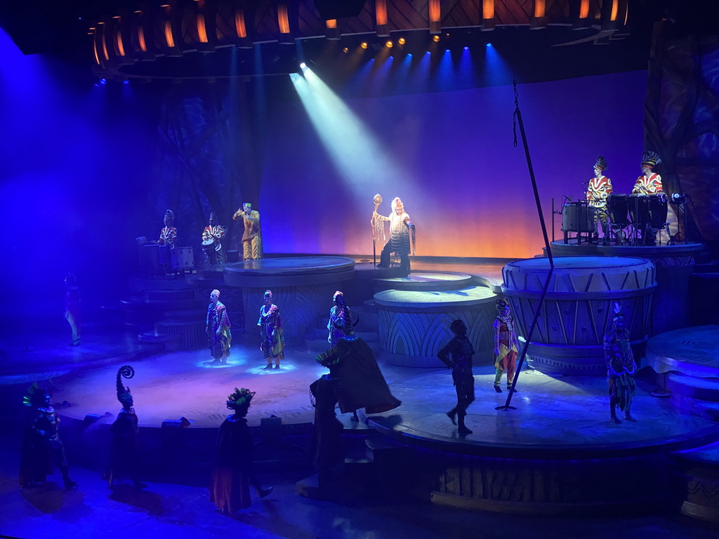 Actors and musicians on the stage of the Frontierland Theatre at Frontierland at Disneyland Park, during the Lion King: Rhythms of the Pride Lands show