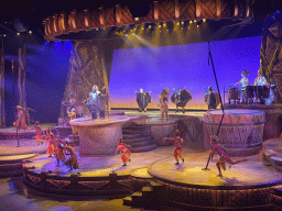 Actors and musicians on the stage of the Frontierland Theatre at Frontierland at Disneyland Park, during the Lion King: Rhythms of the Pride Lands show