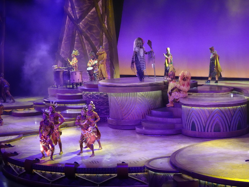 Actors and musicians on the stage of the Frontierland Theatre at Frontierland at Disneyland Park, during the Lion King: Rhythms of the Pride Lands show