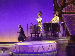 Actors and musicians on the stage of the Frontierland Theatre at Frontierland at Disneyland Park, during the Lion King: Rhythms of the Pride Lands show