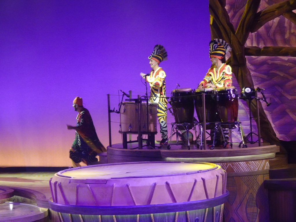 Actors and musicians on the stage of the Frontierland Theatre at Frontierland at Disneyland Park, during the Lion King: Rhythms of the Pride Lands show