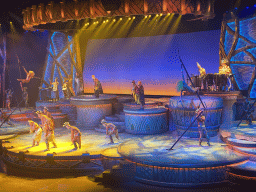 Actors and musicians on the stage of the Frontierland Theatre at Frontierland at Disneyland Park, during the Lion King: Rhythms of the Pride Lands show