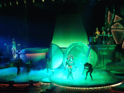 Actors, musicians and smoke on the stage of the Frontierland Theatre at Frontierland at Disneyland Park, during the Lion King: Rhythms of the Pride Lands show