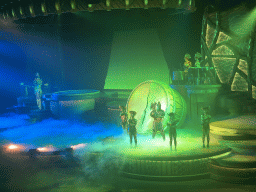 Actors, musicians and smoke on the stage of the Frontierland Theatre at Frontierland at Disneyland Park, during the Lion King: Rhythms of the Pride Lands show