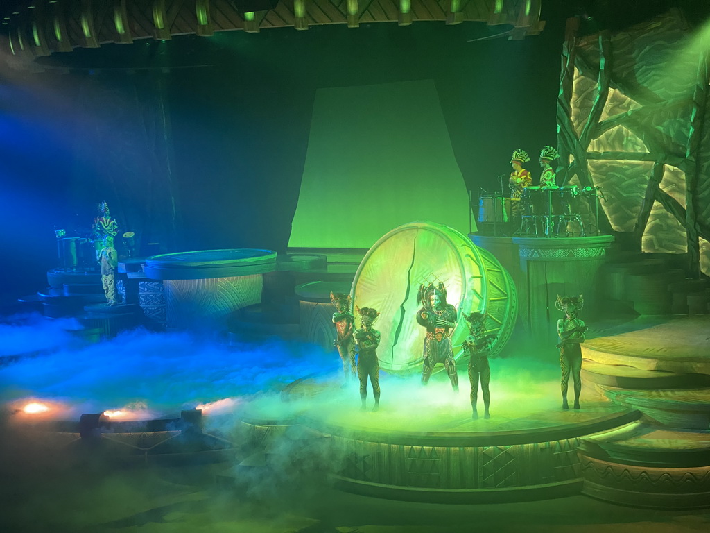 Actors, musicians and smoke on the stage of the Frontierland Theatre at Frontierland at Disneyland Park, during the Lion King: Rhythms of the Pride Lands show