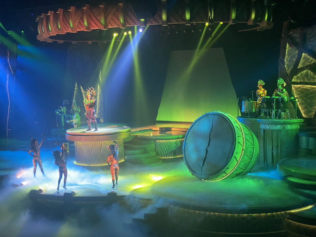 Actors, musicians and smoke on the stage of the Frontierland Theatre at Frontierland at Disneyland Park, during the Lion King: Rhythms of the Pride Lands show