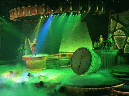 Actors, musicians and smoke on the stage of the Frontierland Theatre at Frontierland at Disneyland Park, during the Lion King: Rhythms of the Pride Lands show