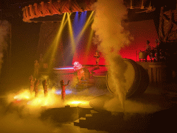 Actors, musicians and smoke on the stage of the Frontierland Theatre at Frontierland at Disneyland Park, during the Lion King: Rhythms of the Pride Lands show