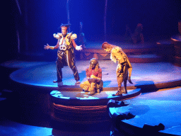 Actors on the stage of the Frontierland Theatre at Frontierland at Disneyland Park, during the Lion King: Rhythms of the Pride Lands show