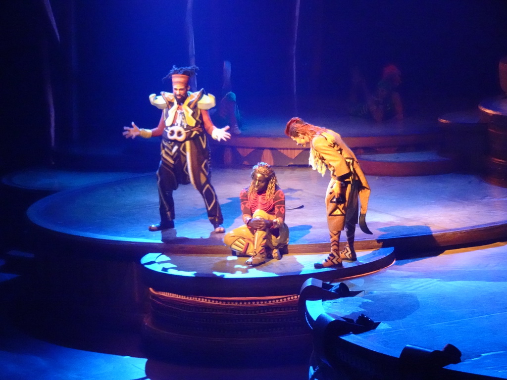 Actors on the stage of the Frontierland Theatre at Frontierland at Disneyland Park, during the Lion King: Rhythms of the Pride Lands show