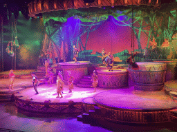 Actors and musicians on the stage of the Frontierland Theatre at Frontierland at Disneyland Park, during the Lion King: Rhythms of the Pride Lands show