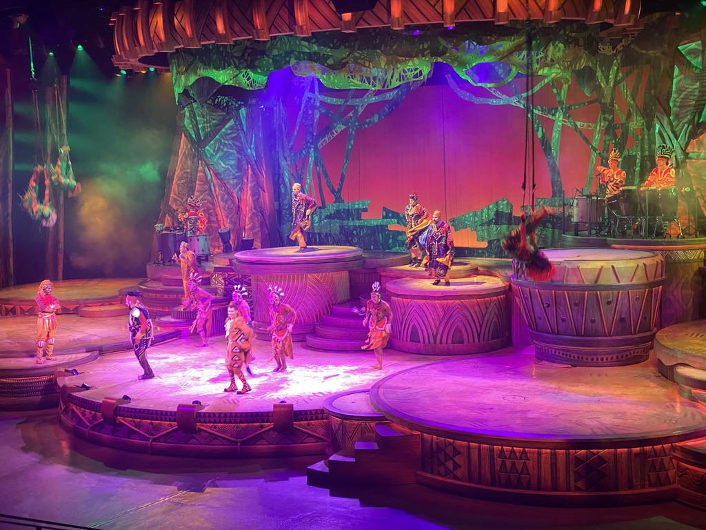 Actors and musicians on the stage of the Frontierland Theatre at Frontierland at Disneyland Park, during the Lion King: Rhythms of the Pride Lands show