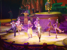 Actors and musicians on the stage of the Frontierland Theatre at Frontierland at Disneyland Park, during the Lion King: Rhythms of the Pride Lands show