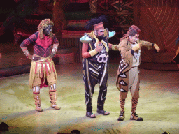 Actors on the stage of the Frontierland Theatre at Frontierland at Disneyland Park, during the Lion King: Rhythms of the Pride Lands show