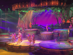 Actors and musicians on the stage of the Frontierland Theatre at Frontierland at Disneyland Park, during the Lion King: Rhythms of the Pride Lands show