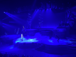 Actors, musicians and smoke on the stage of the Frontierland Theatre at Frontierland at Disneyland Park, during the Lion King: Rhythms of the Pride Lands show