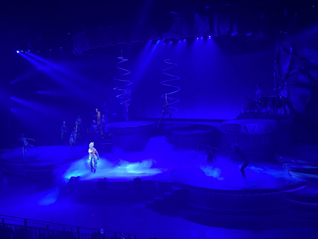 Actors, musicians and smoke on the stage of the Frontierland Theatre at Frontierland at Disneyland Park, during the Lion King: Rhythms of the Pride Lands show