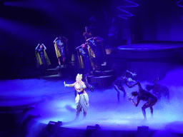 Actors, musicians and smoke on the stage of the Frontierland Theatre at Frontierland at Disneyland Park, during the Lion King: Rhythms of the Pride Lands show