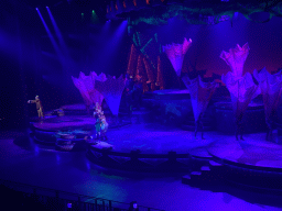 Actors and musicians on the stage of the Frontierland Theatre at Frontierland at Disneyland Park, during the Lion King: Rhythms of the Pride Lands show