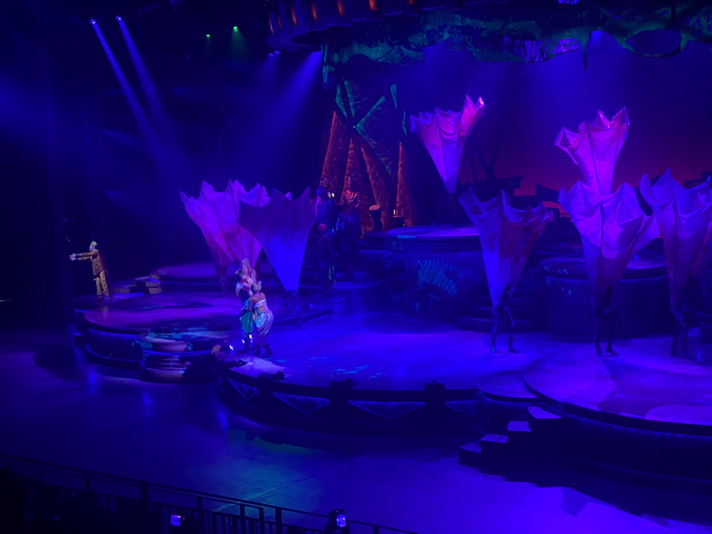 Actors and musicians on the stage of the Frontierland Theatre at Frontierland at Disneyland Park, during the Lion King: Rhythms of the Pride Lands show