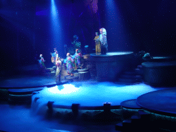 Actors, musicians and smoke on the stage of the Frontierland Theatre at Frontierland at Disneyland Park, during the Lion King: Rhythms of the Pride Lands show