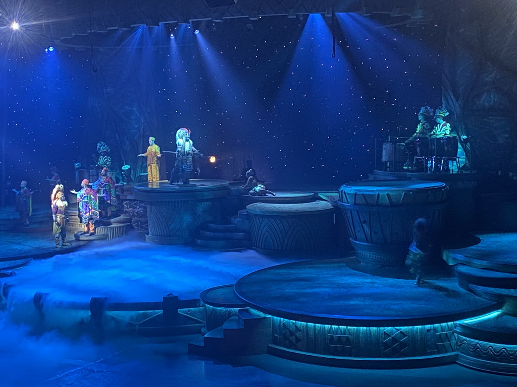 Actors, musicians and smoke on the stage of the Frontierland Theatre at Frontierland at Disneyland Park, during the Lion King: Rhythms of the Pride Lands show