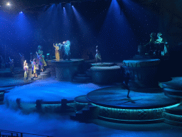 Actors, musicians and smoke on the stage of the Frontierland Theatre at Frontierland at Disneyland Park, during the Lion King: Rhythms of the Pride Lands show