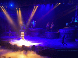 Actors, musicians and smoke on the stage of the Frontierland Theatre at Frontierland at Disneyland Park, during the Lion King: Rhythms of the Pride Lands show