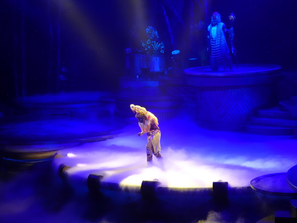 Actors, musicians and smoke on the stage of the Frontierland Theatre at Frontierland at Disneyland Park, during the Lion King: Rhythms of the Pride Lands show