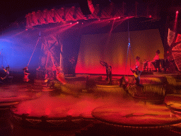 Actors, musicians and acrobats on the stage of the Frontierland Theatre at Frontierland at Disneyland Park, during the Lion King: Rhythms of the Pride Lands show