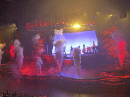 Actors, musicians and smoke on the stage of the Frontierland Theatre at Frontierland at Disneyland Park, during the Lion King: Rhythms of the Pride Lands show